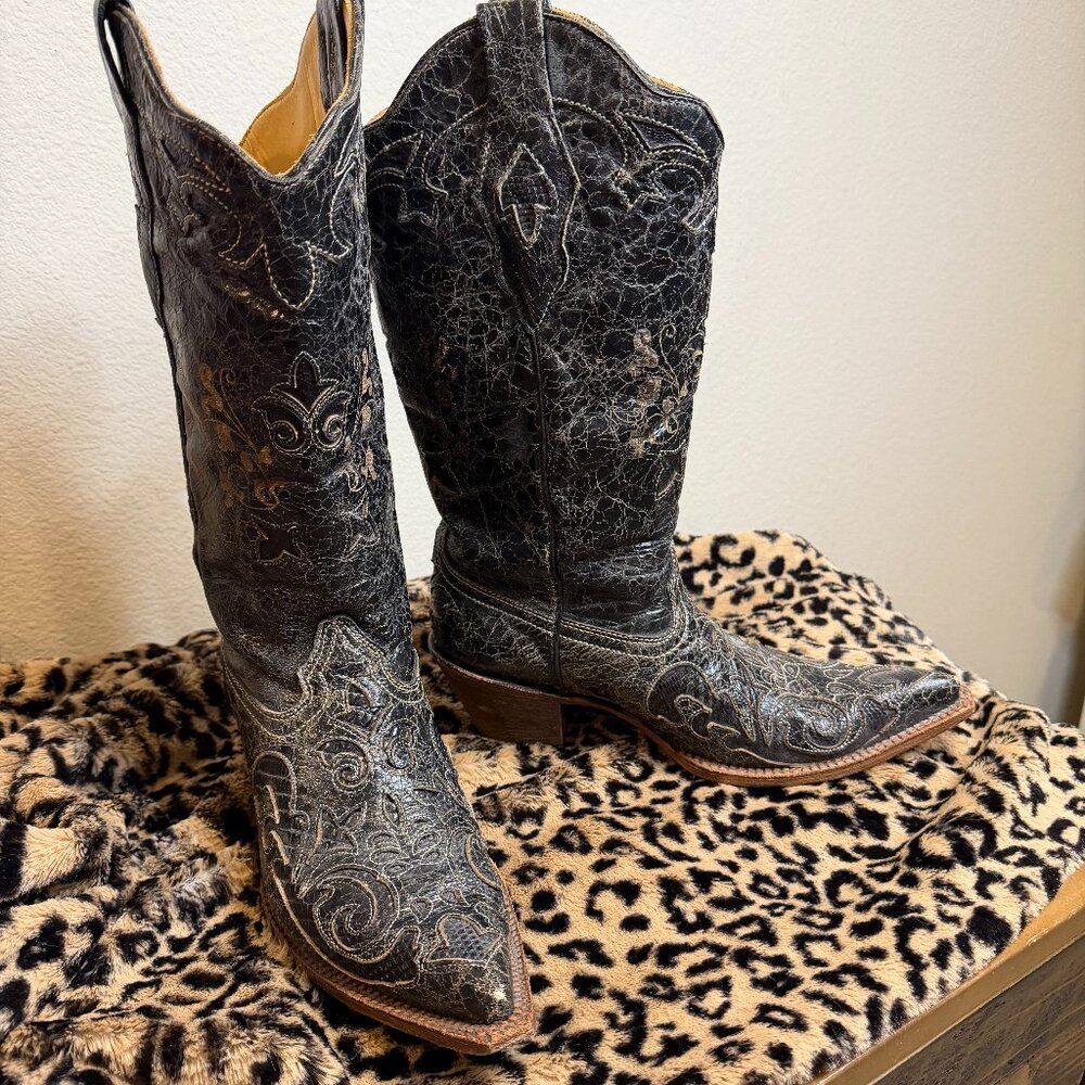 COWBOY BOOTS BLACK LTHR W/LIZARD INLAY 8.5 CORRAL POINTED WESTERN countrycore - Picture 5 of 15